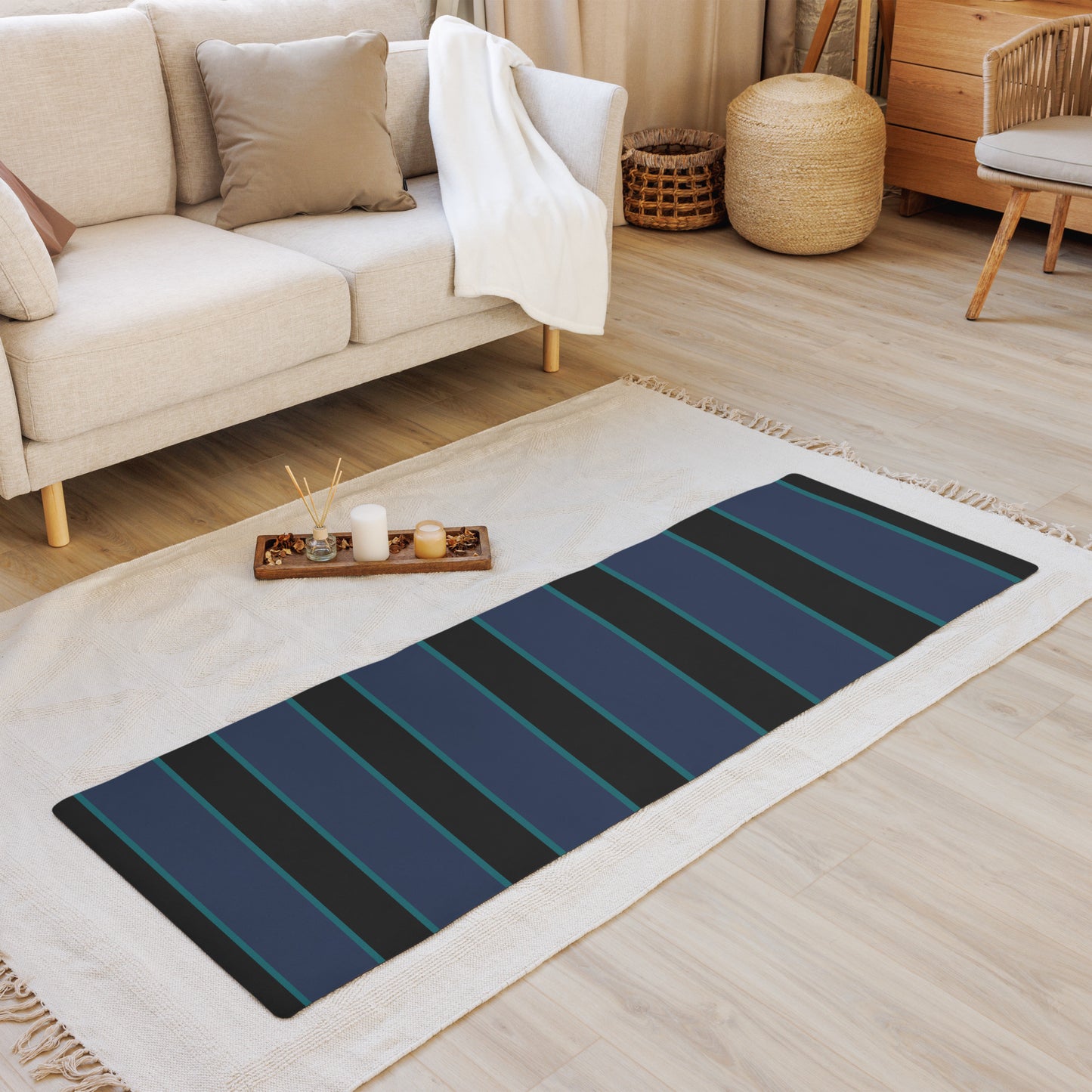 Blue and Black Striped Yoga Mat